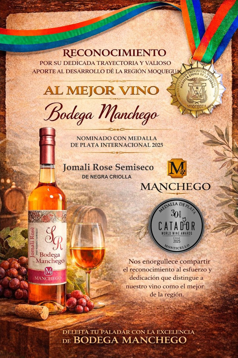 Reconocimiento al mejor vino (2024) — Municipalidad Provincial Mariscal Nieto. Medalla Cívica de la Ciudad. Bodega Manchego, Moquegua.